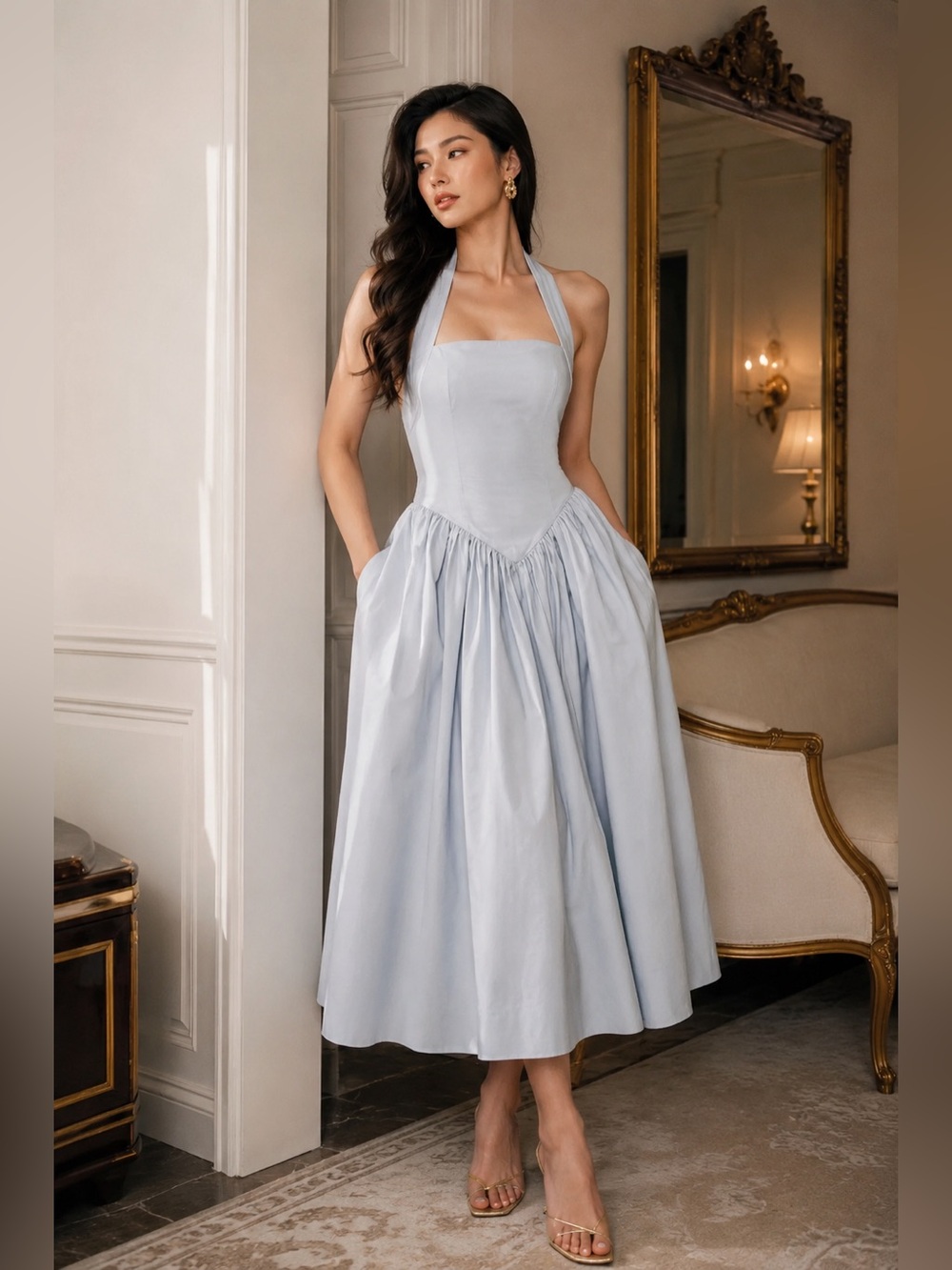 Helsa Powder Blue Halter Open Back Basque Waist Corset Midi Dress NWOT